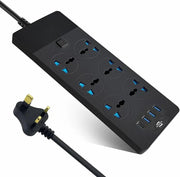 سلك تمديد طاقة بـ 6 منافذ، قابس UK محول قابس عالمي مع 3 منافذ USB ومنفذ نوع C واحد واقي من اندفاع التيار ومقبس شحن مع سلك تمديد عريض بطول 2 متر