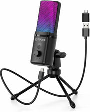 ميكروفون ألعاب بمنفذ  USB - M160 - ميكروفون مكثف بضوء RGB مع حامل ثلاثي وخاصية ضبط مستوى الصوت وزر كتم صوت - ميكروفون سلكي للكمبيوتر واللابتوب من فيدوس مناسب للألعاب والمدونات الصوتية والبث المباشر ويوتيوب