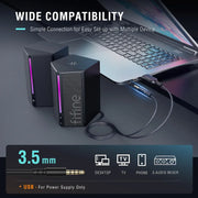 مكبرات صوت AmpliGame A20 للكمبيوتر مع تحكم في مستوى الصوت مكبرات صوت للألعاب بإضاءة ار جي بي سلكية مع كيبل صوت بمدخل AUX 3.5 ملم للابتوب وشاشة الجوال والتابلت من فيفين