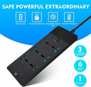 سلك تمديد طاقة بـ 6 منافذ، قابس UK محول قابس عالمي مع 3 منافذ USB ومنفذ نوع C واحد واقي من اندفاع التيار ومقبس شحن مع سلك تمديد عريض بطول 2 متر