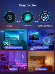 مصباح طاولة ذكي LED بمزامنة الموسيقى بمساعد إضاءة بالذكاء الاصطناعي بإضاءة متعددة الألوان قابلة للتغيير يدعم التحكم الصوتي يعمل مع اليكسا ومساعد جوجل يدعم البلوتوث وواي فاي 2.4 جيجاهرتز