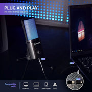 ميكروفون ألعاب بمنفذ  USB - M160 - ميكروفون مكثف بضوء RGB مع حامل ثلاثي وخاصية ضبط مستوى الصوت وزر كتم صوت - ميكروفون سلكي للكمبيوتر واللابتوب من فيدوس مناسب للألعاب والمدونات الصوتية والبث المباشر ويوتيوب