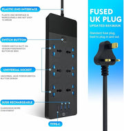 سلك تمديد طاقة بـ 6 منافذ، قابس UK محول قابس عالمي مع 3 منافذ USB ومنفذ نوع C واحد واقي من اندفاع التيار ومقبس شحن مع سلك تمديد عريض بطول 2 متر