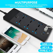 سلك تمديد طاقة بـ 6 منافذ، قابس UK محول قابس عالمي مع 3 منافذ USB ومنفذ نوع C واحد واقي من اندفاع التيار ومقبس شحن مع سلك تمديد عريض بطول 2 متر